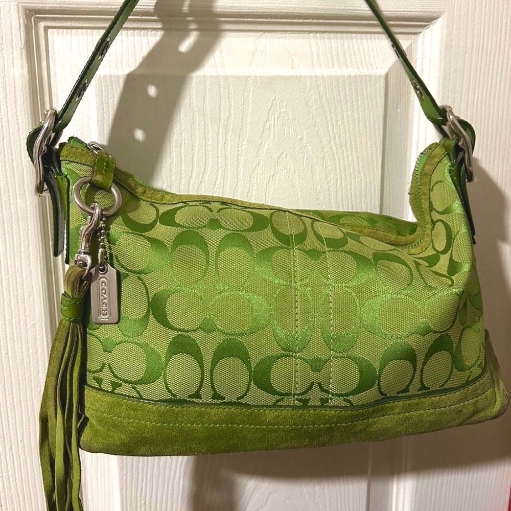 Coach Legacy Vintage Lime Green Suede Signature Jacquard Demi Bag Purse